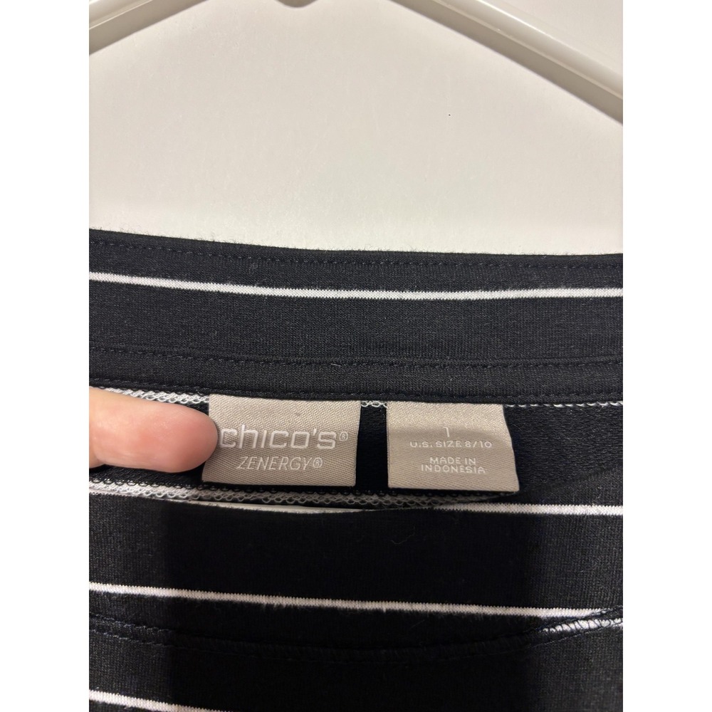 Chicos Zenergy Womens 1 (US 8/10) Black White Striped Pockets 3/4 Sleeve Dress - Picture 2 of 8